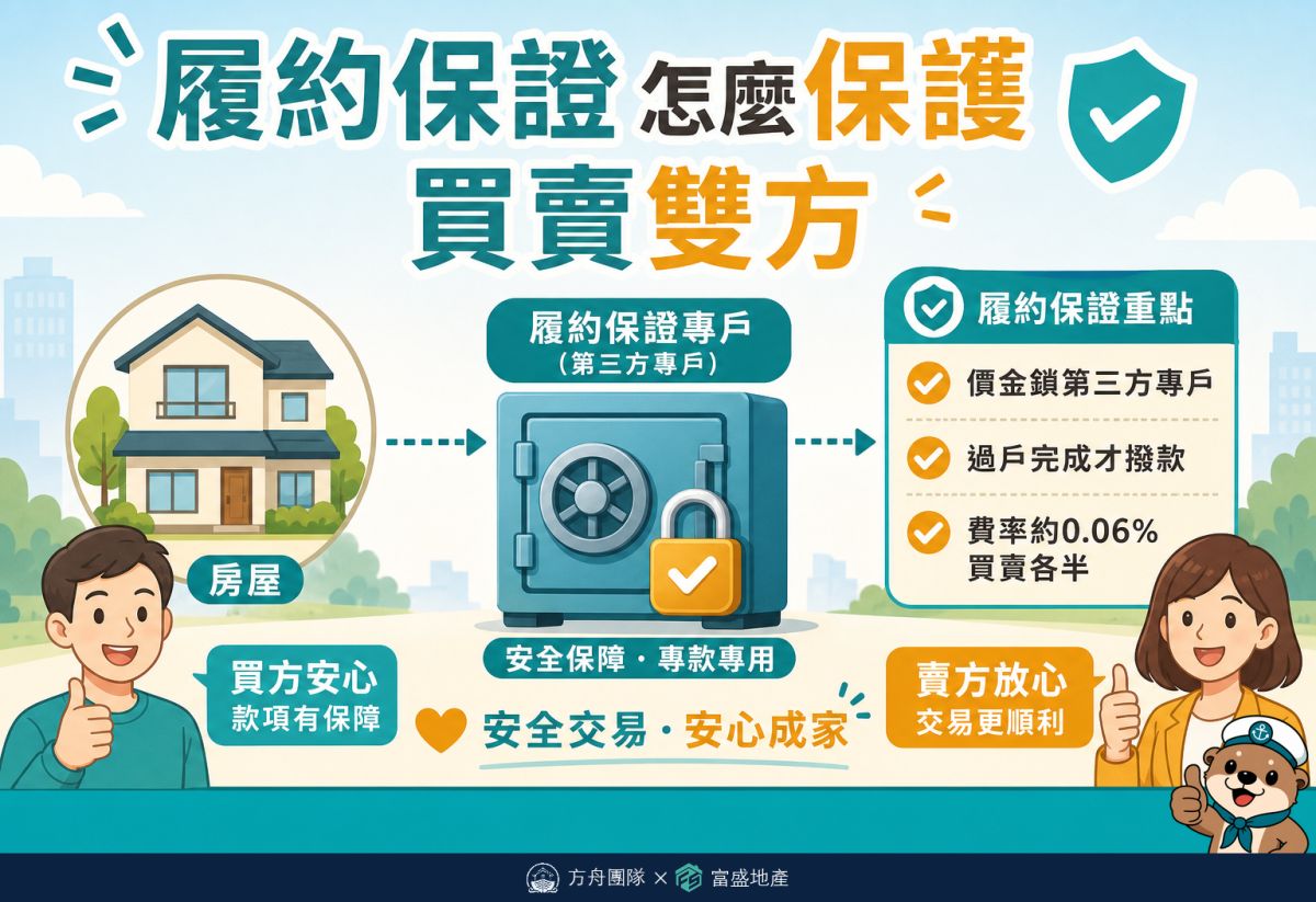 履約保證怎麼保護買賣雙方：價金鎖第三方專戶、過戶完成才撥款、費率約0.06%買賣各半