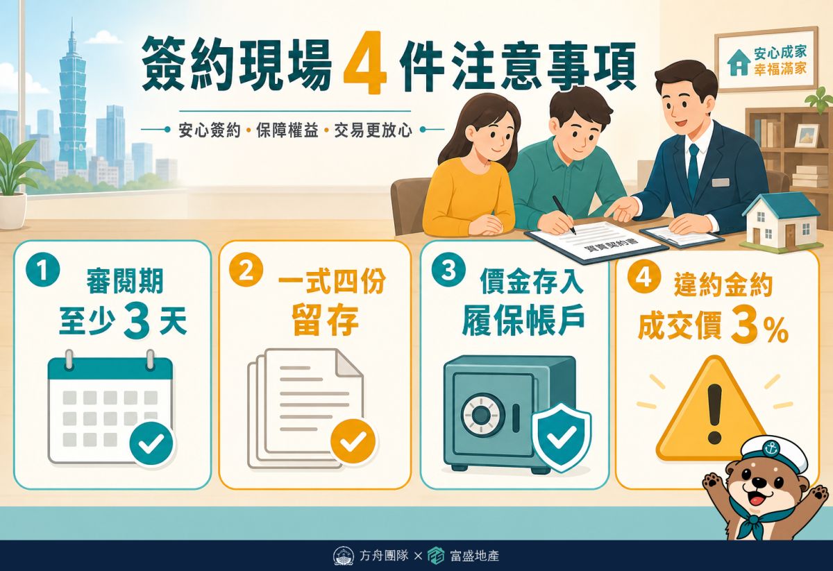 簽約現場4件注意事項：審閱期至少3天、一式四份留存、價金存入履保帳戶、違約金約成交價3%