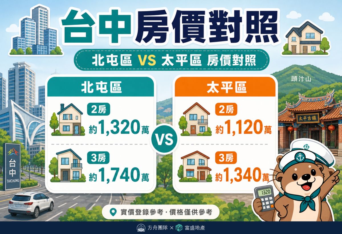台中北屯區vs太平區房價對照:北屯2房約1320萬3房約1740萬,太平2房約1120萬3房約1340萬