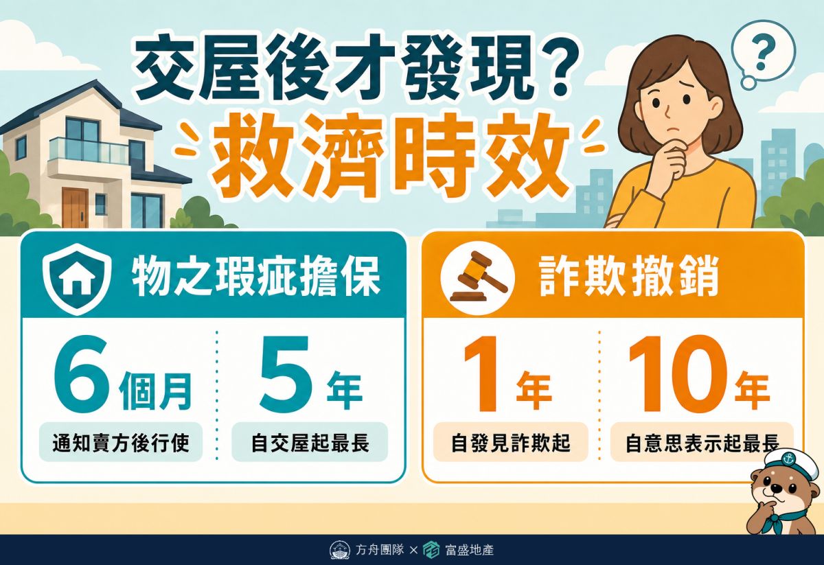 凶宅交屋後救濟時效：瑕疵擔保通知後6個月內行使、交屋起最長5年；詐欺撤銷發見起1年、最長10年