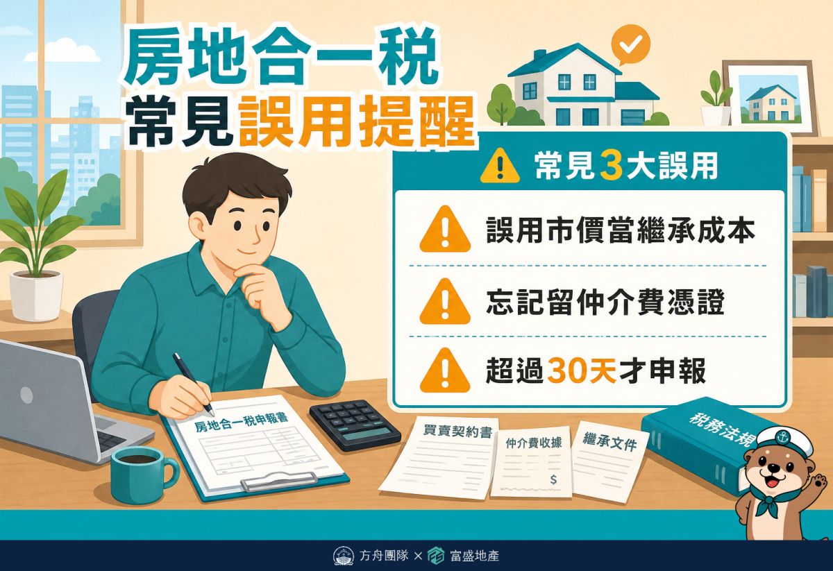 房地合一稅常見3大誤用：誤用市價當繼承成本、忘記留仲介費憑證、超過30天才申報