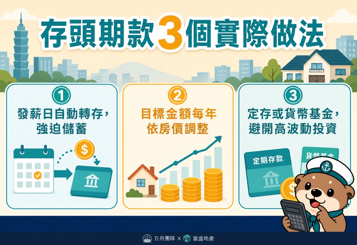 存頭期款3個實際做法：發薪日自動轉存強迫儲蓄、目標金額每年依房價調整、定存或貨幣基金避開高波動投資
