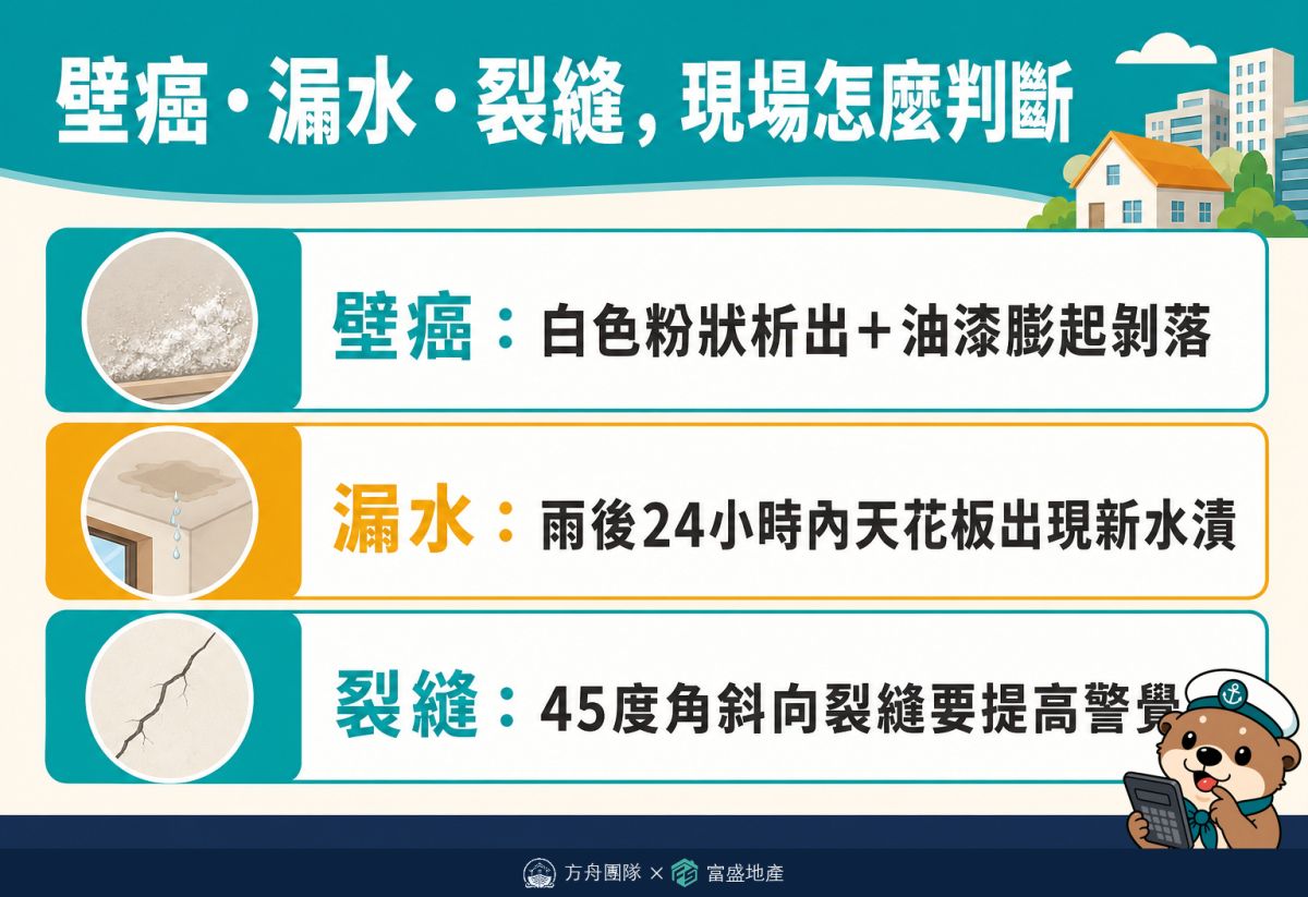 壁癌・漏水・裂縫現場怎麼判斷：壁癌為白色粉狀析出加油漆膨起剝落、漏水為雨後24小時內天花板出現新水漬、裂縫為45度角斜向裂縫要提高警覺