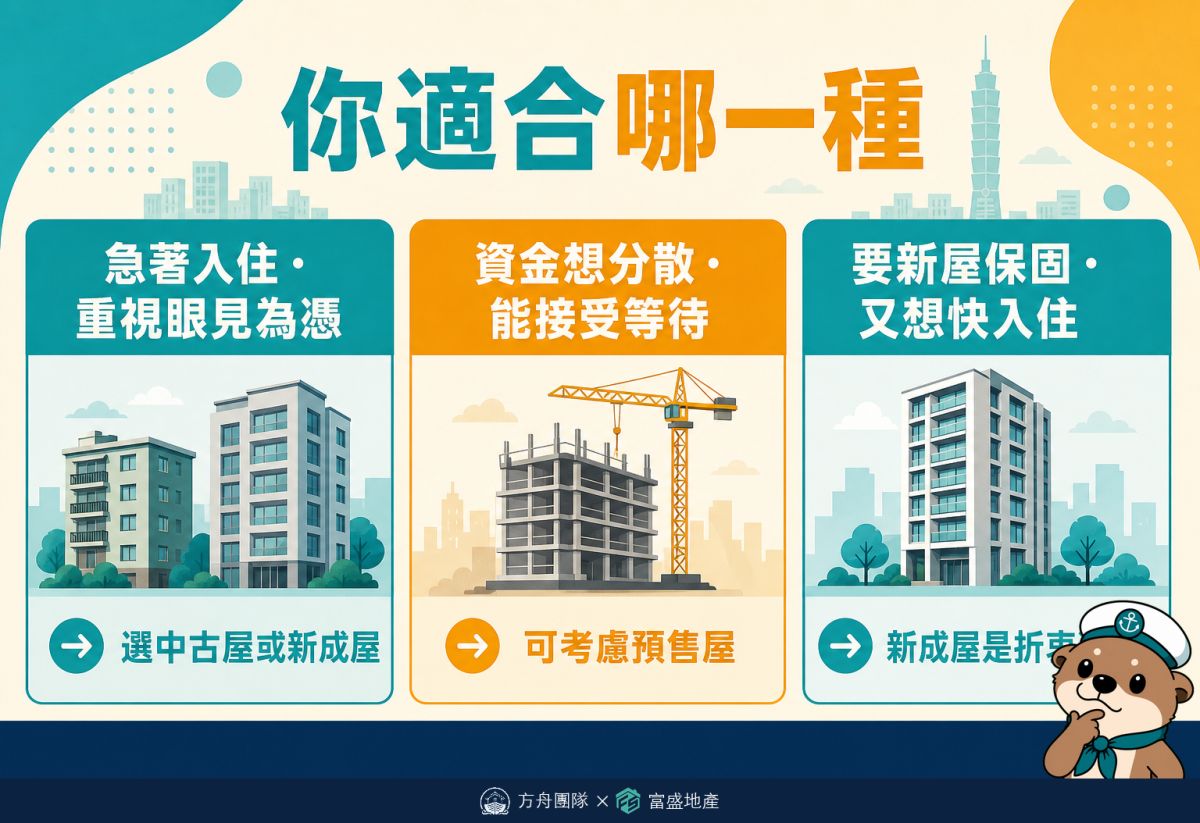 你適合哪一種：急著入住看得到實體選中古屋或新成屋、資金想分散能接受等待選預售屋、要新屋保固又想快入住選新成屋