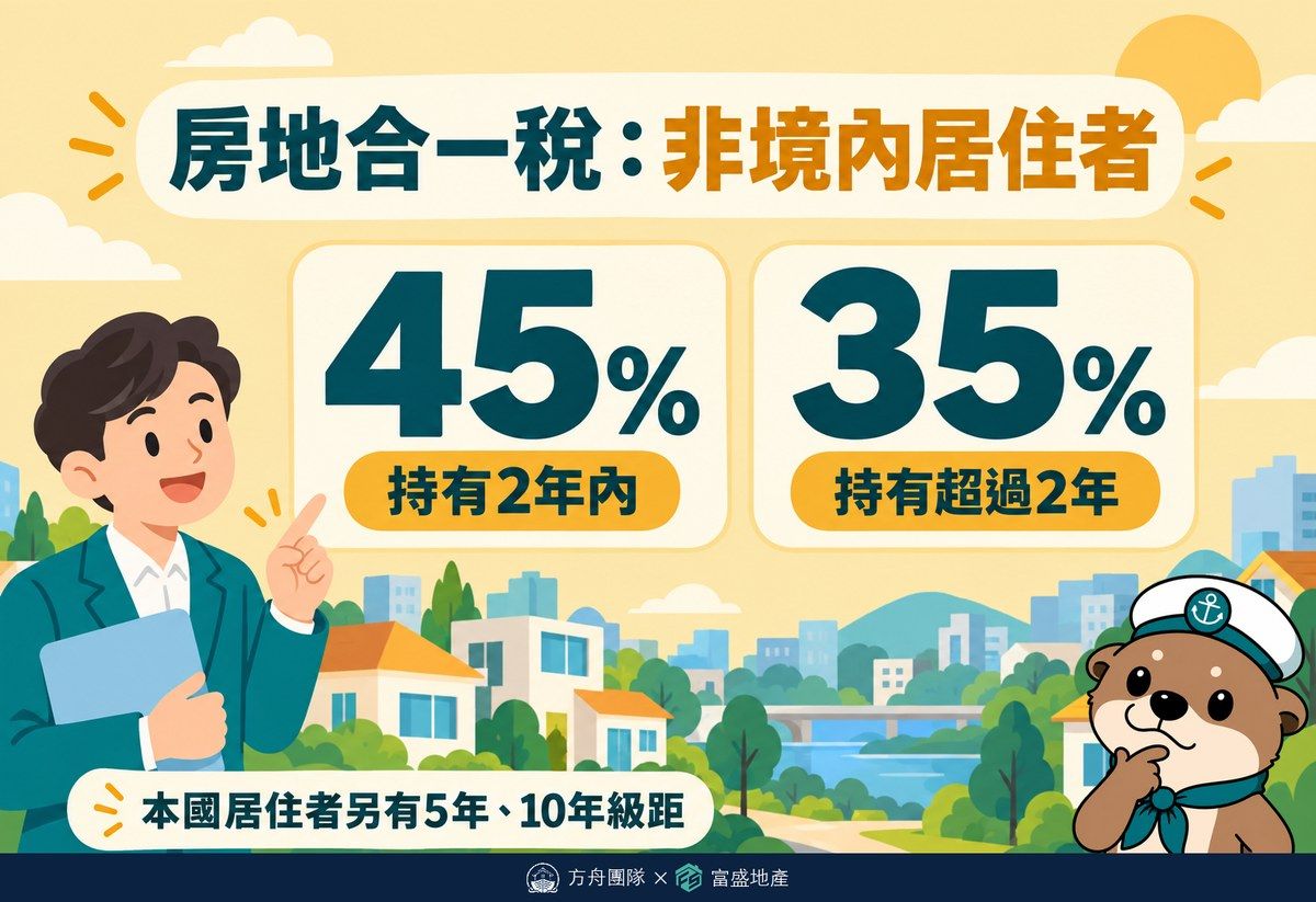 房地合一稅非境內居住者稅率：持有2年內45%、持有超過2年35%，本國居住者另有5年、10年級距