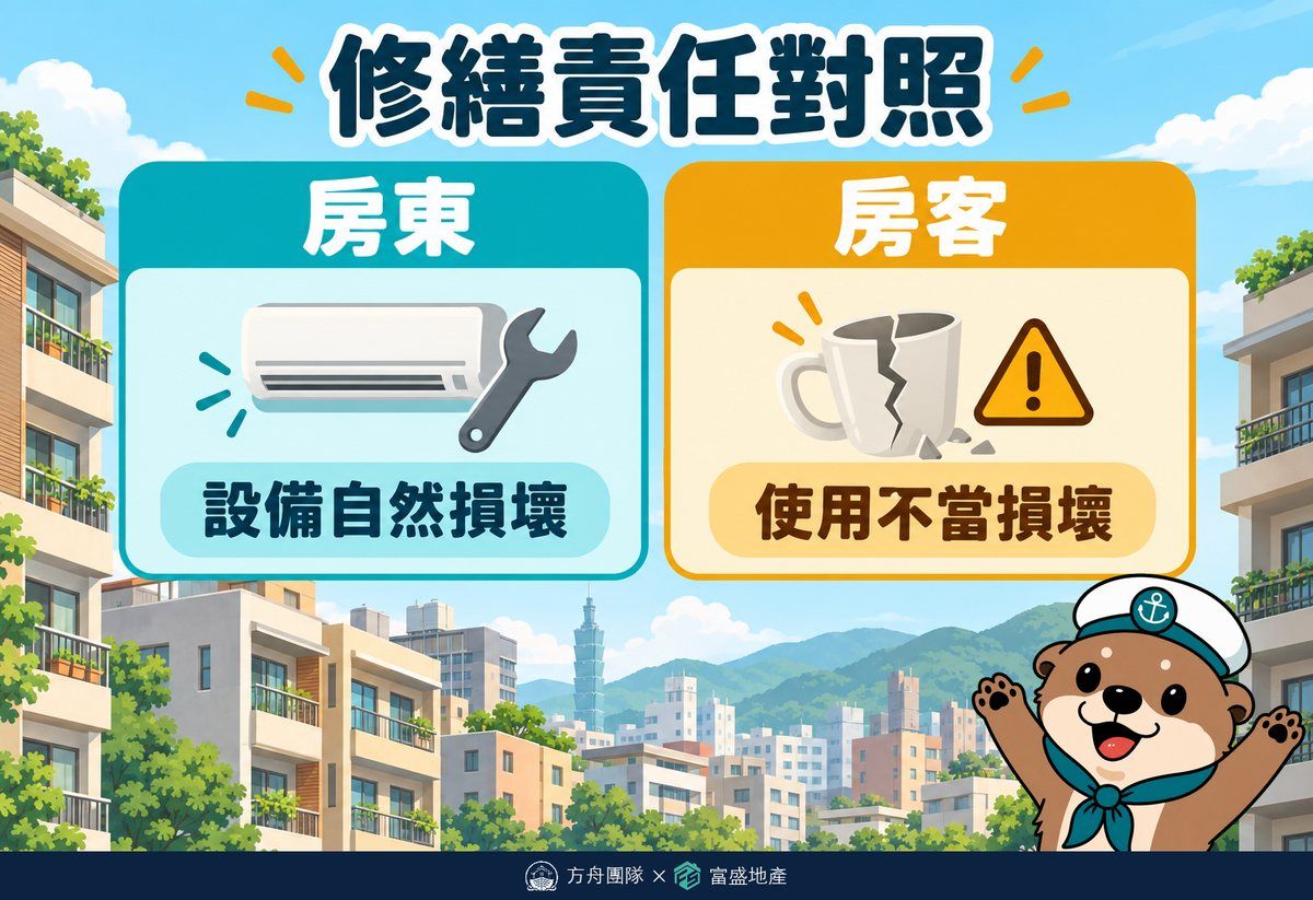 修繕責任對照：房東負責設備自然損壞，房客負責使用不當造成的損壞
