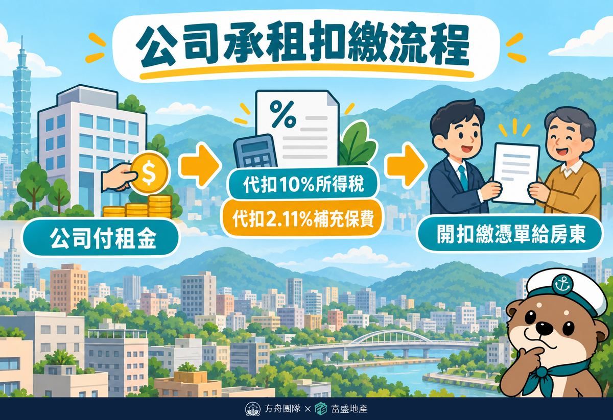 公司承租扣繳流程：公司付租金，代扣10%所得稅與2.11%補充保費，開扣繳憑單給房東