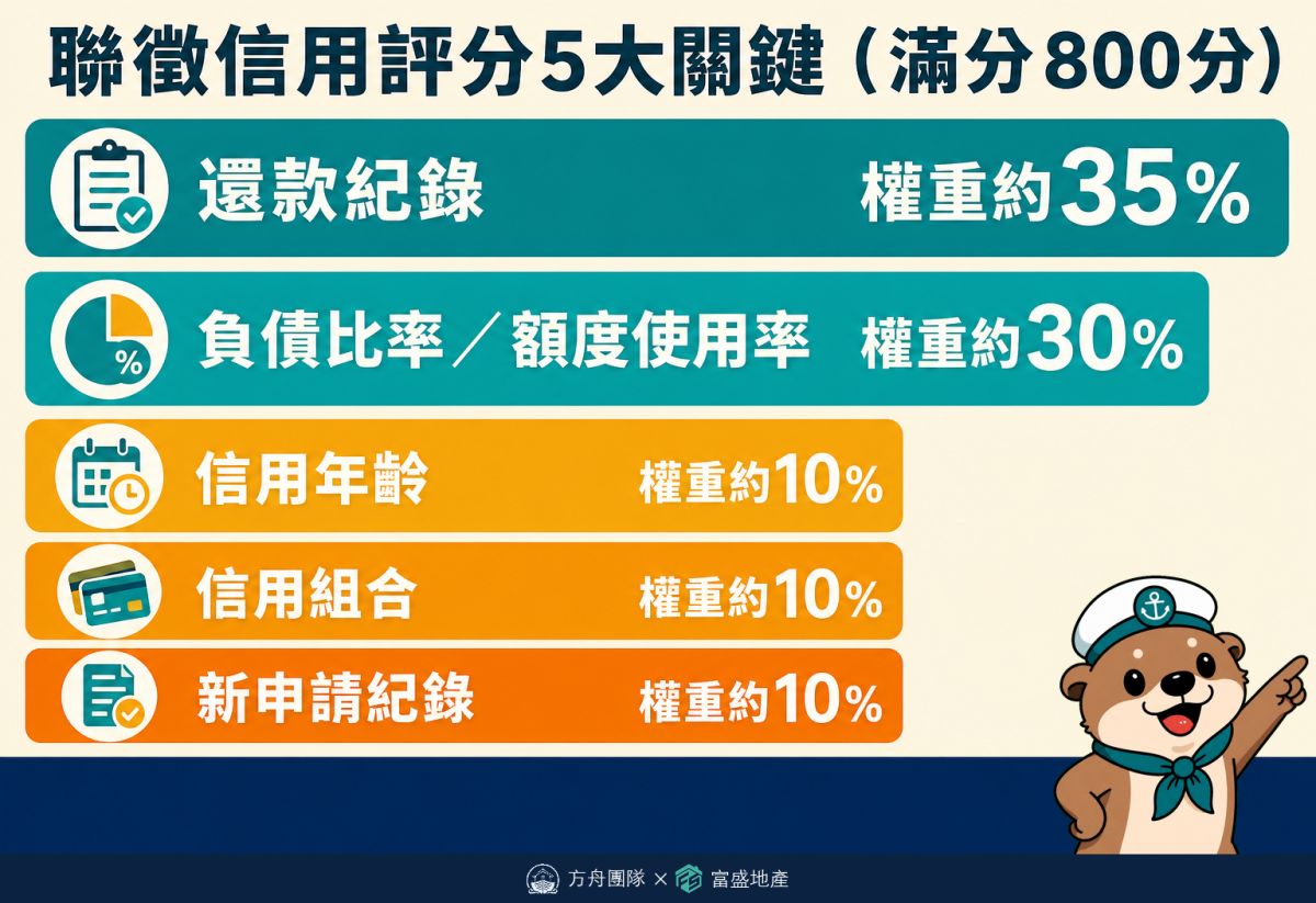 聯徵信用評分5大關鍵因素權重:還款紀錄約35%、負債比率額度使用率約30%等