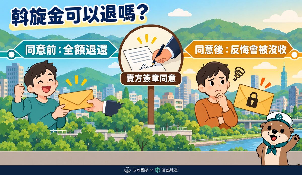 斡旋金可以退嗎示意圖：賣方簽章同意前全額退還，同意後買方反悔會被沒收