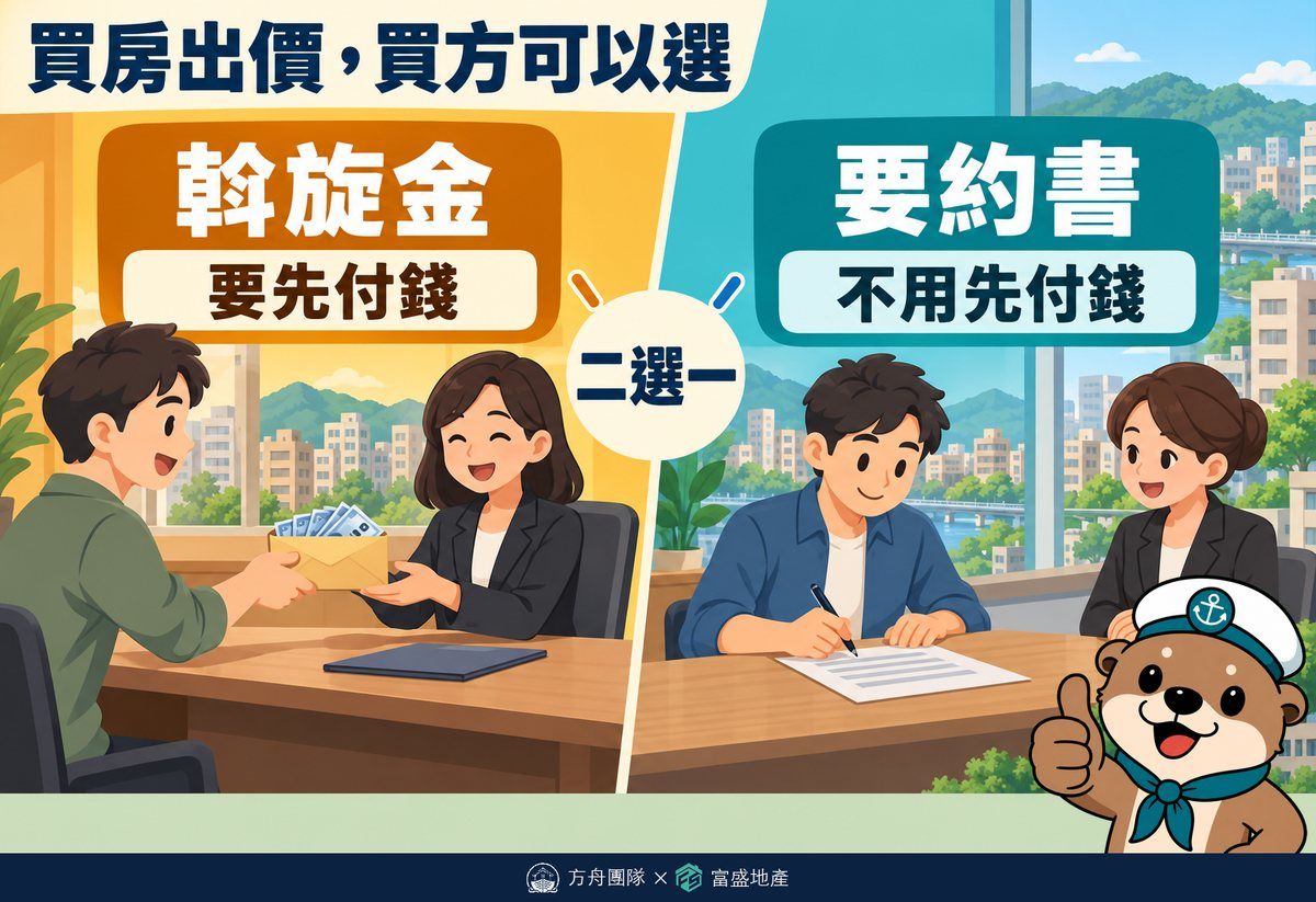 斡旋金與要約書比較圖：斡旋金要先付錢，內政部版要約書不用先付錢，買方可以二選一