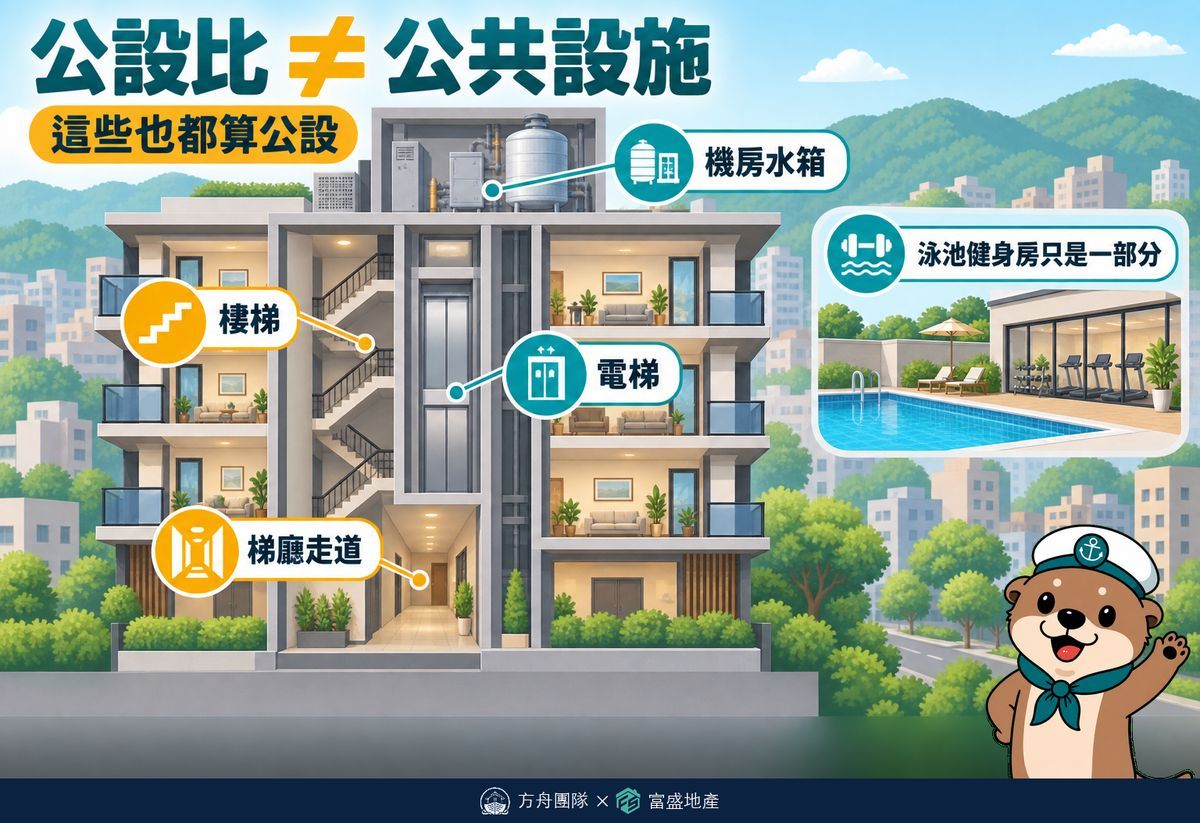 公設比不等於公共設施：樓梯、電梯、梯廳走道、機房水箱也都算公設，泳池健身房只是一部分