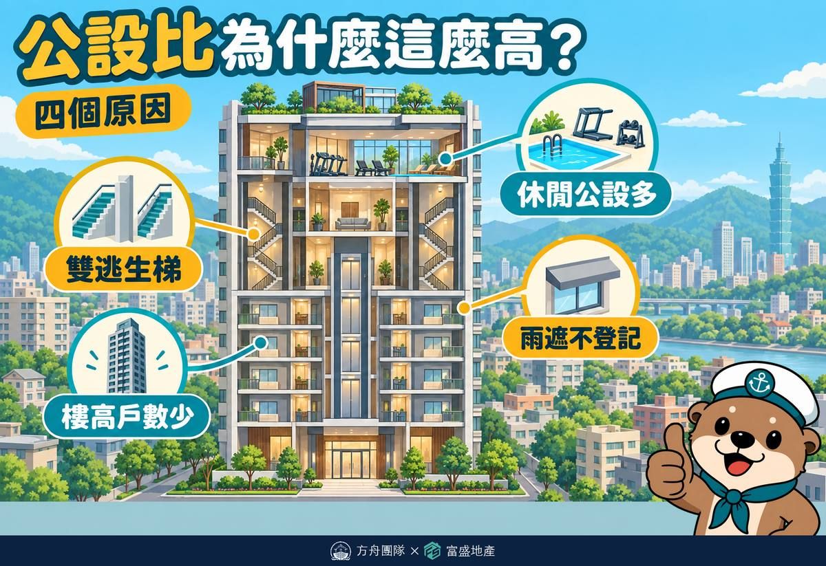 公設比為什麼這麼高的四個原因：雙逃生梯、樓高戶數少、休閒公設多、雨遮不登記