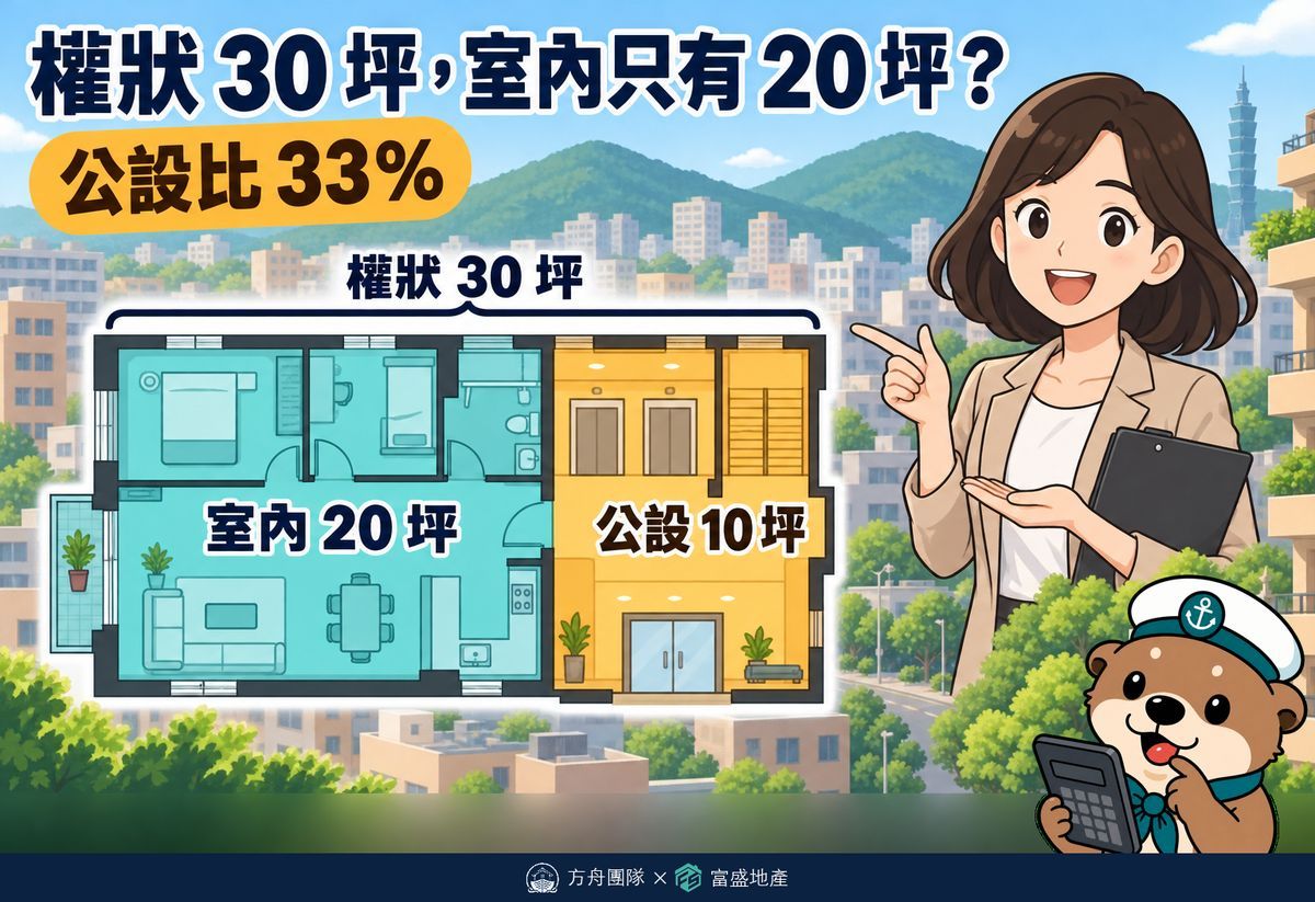 權狀30坪、室內20坪、公設10坪示意圖，公設比約33%