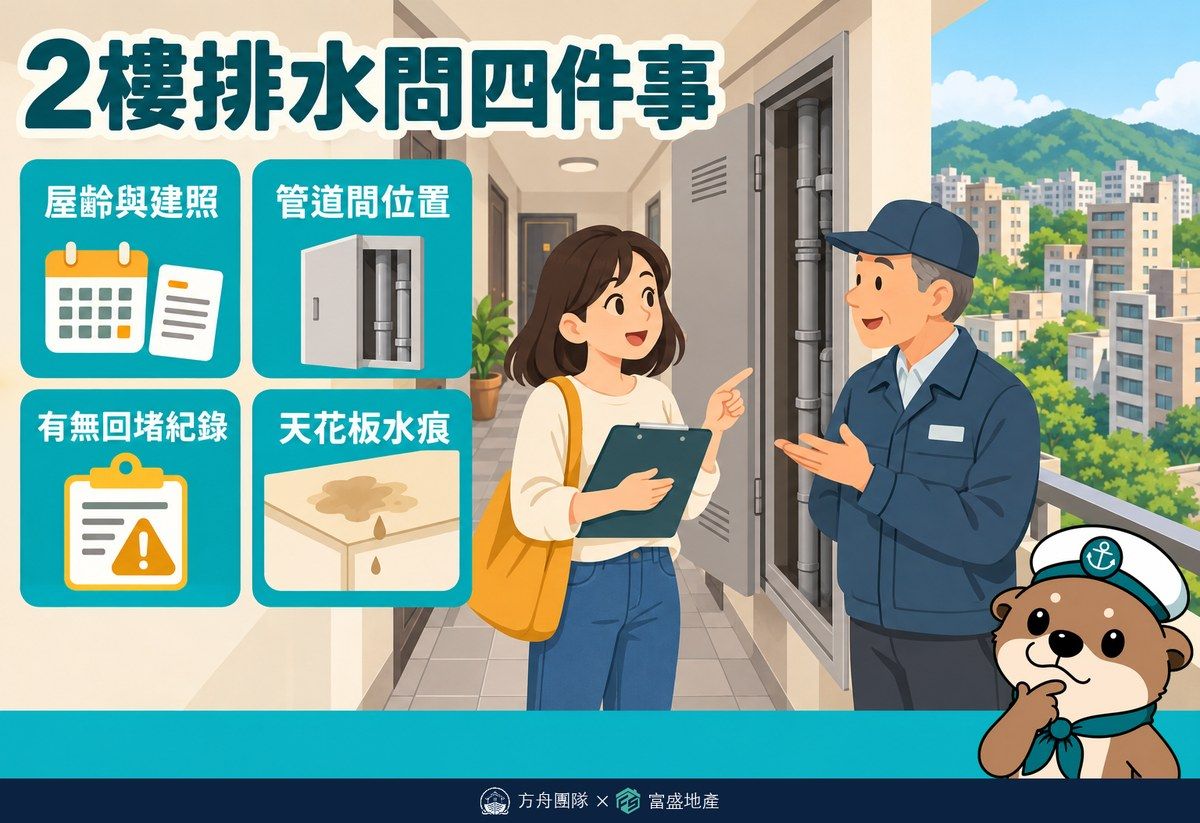 2樓排水問四件事：屋齡與建照、管道間位置、有無回堵紀錄、天花板水痕