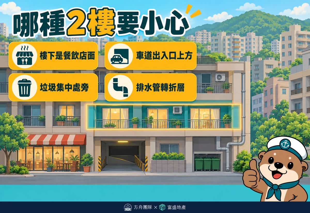 哪種2樓要小心：樓下是餐飲店面、車道出入口上方、垃圾集中處旁、排水管轉折層