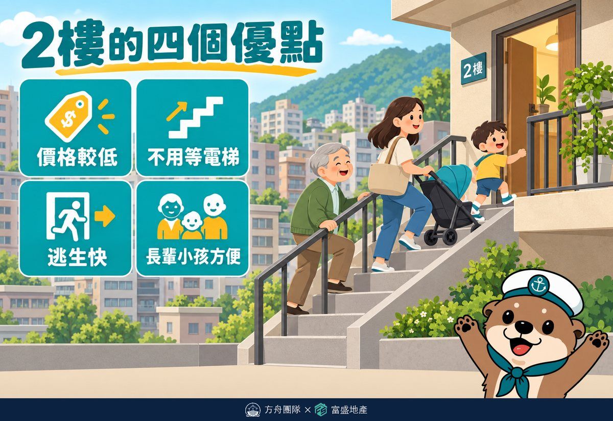 2樓的四個優點：價格較低、不用等電梯、逃生快、長輩小孩方便