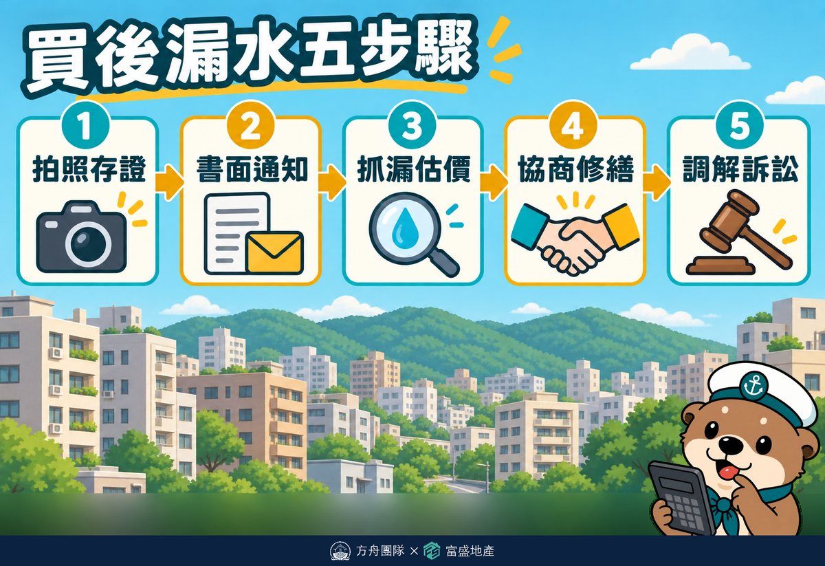 買後漏水五步驟：拍照存證、書面通知、抓漏估價、協商修繕、調解訴訟