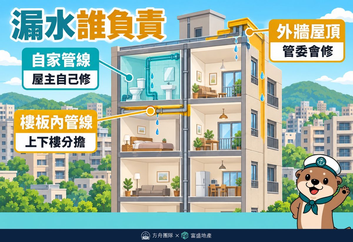 漏水誰負責：自家管線屋主自己修、外牆屋頂管委會修、樓板內管線上下樓分擔