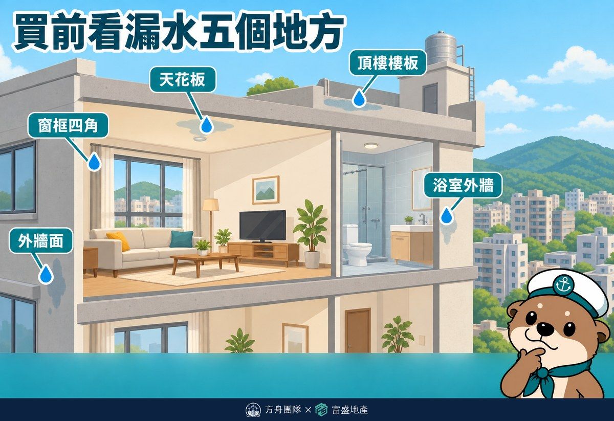 買前看漏水五個地方：天花板、窗框四角、浴室外牆、頂樓樓板、外牆面