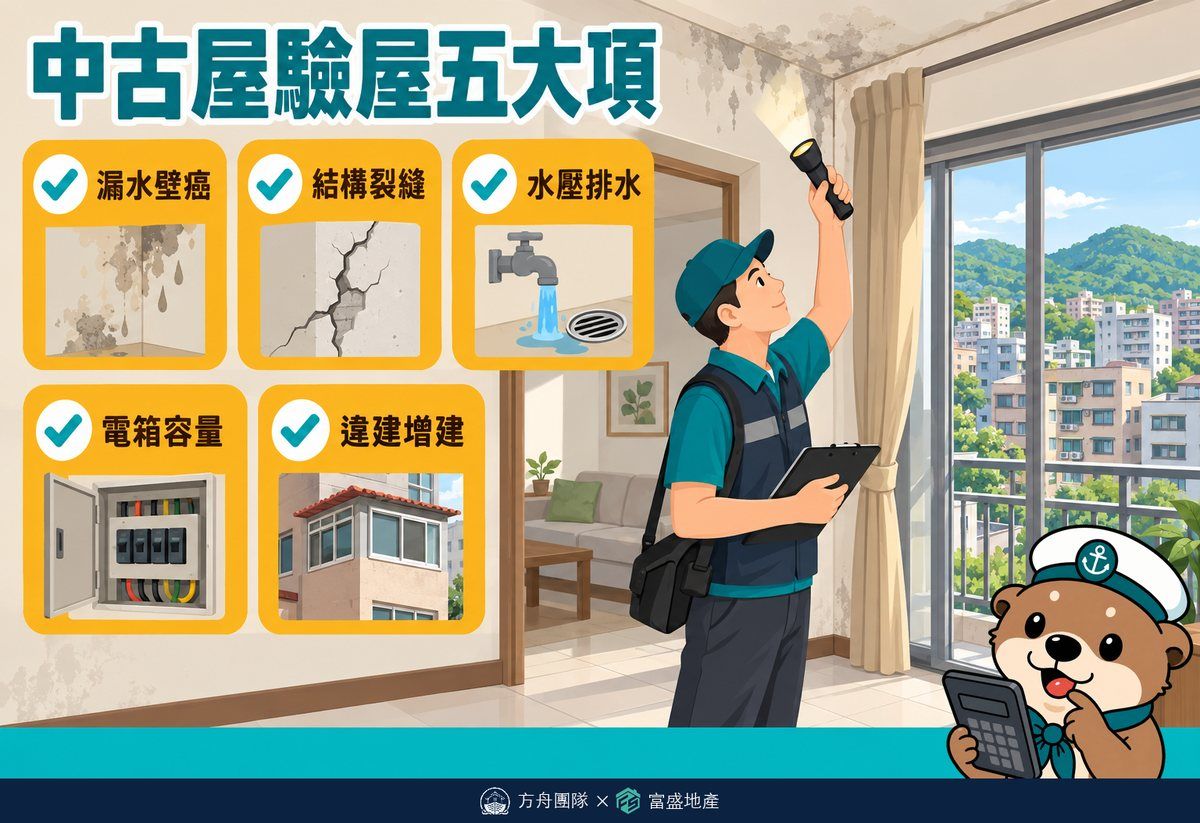 中古屋驗屋五大項：漏水壁癌、結構裂縫、水壓排水、電箱容量、違建增建