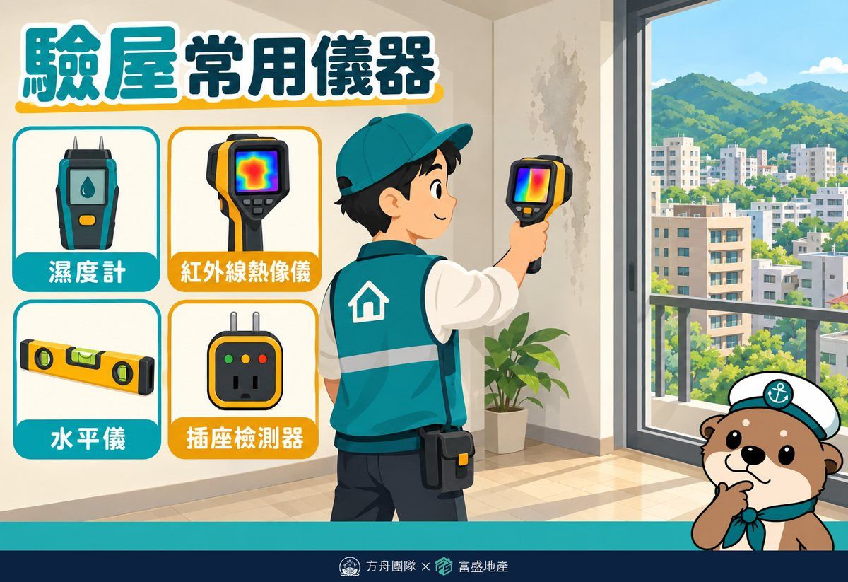 驗屋常用儀器：濕度計、紅外線熱像儀、水平儀、插座檢測器