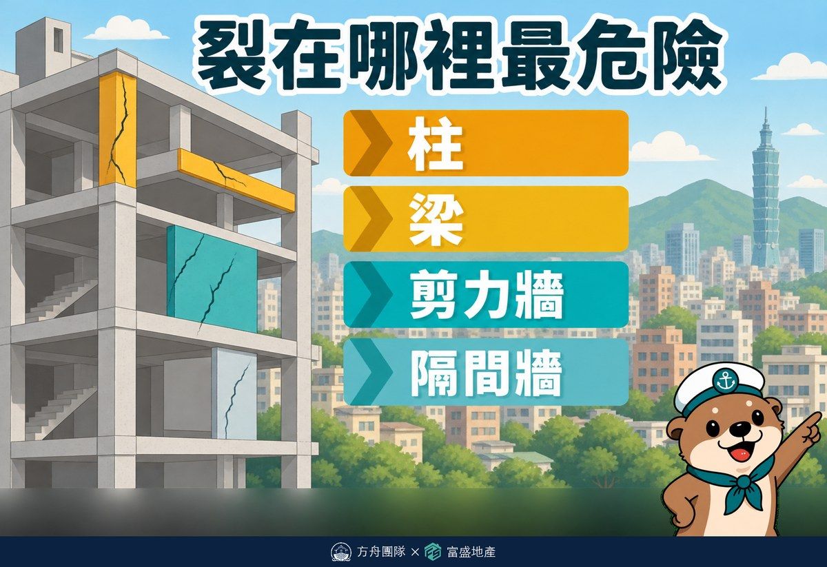 裂縫危險程度排序：柱最危險，其次梁、剪力牆，隔間牆最輕