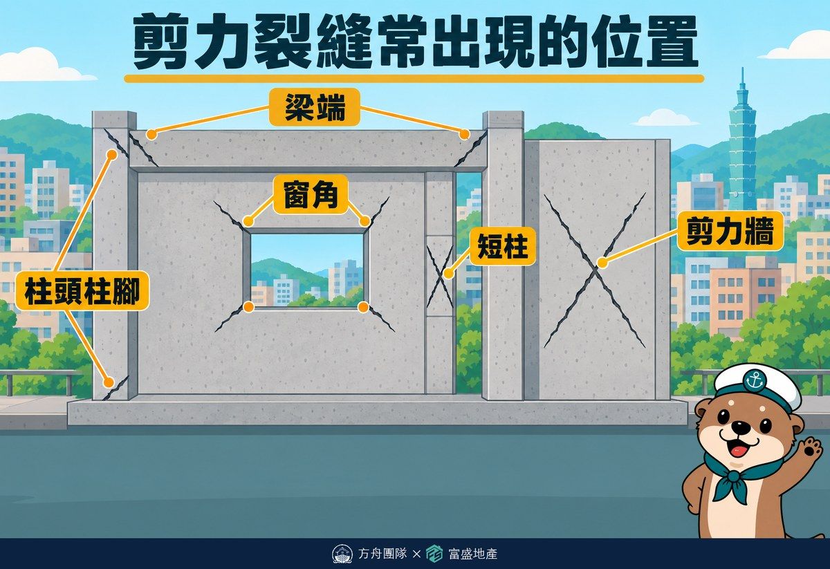 剪力裂縫常出現的位置示意圖：柱頭柱腳、梁端、窗角斜向、窗台夾住的短柱、剪力牆