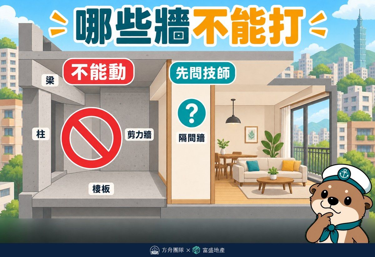 哪些牆不能打：梁、柱、樓板、剪力牆不能動，隔間牆要先問技師