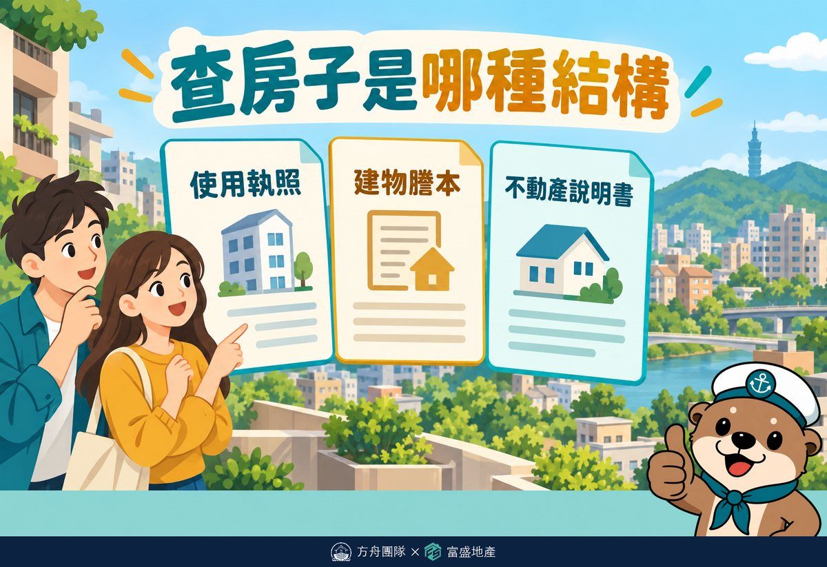 查房子是哪種結構的三份文件：使用執照、建物登記謄本主要建材欄、不動產說明書