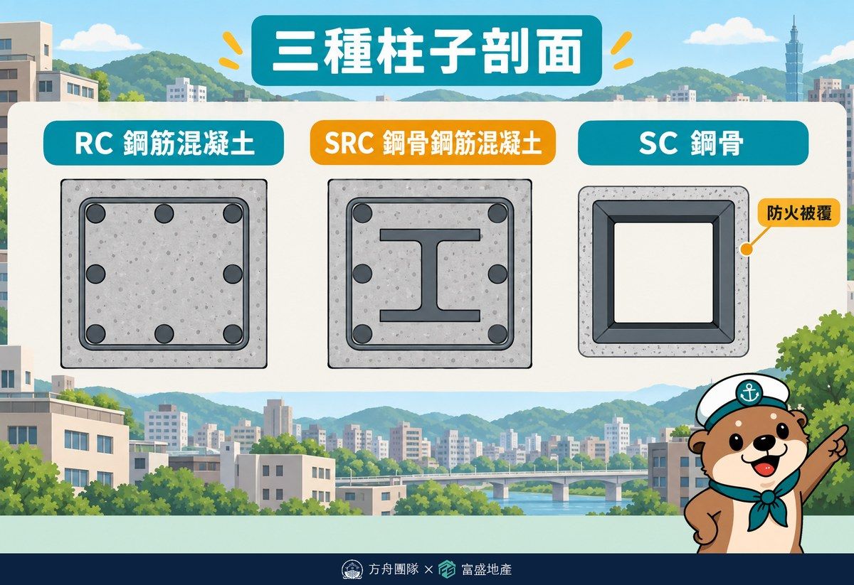 RC、SRC、SC 三種柱子剖面示意：RC 為混凝土包鋼筋籠，SRC 為 H 型鋼骨外包鋼筋混凝土，SC 為箱型鋼柱外覆防火被覆