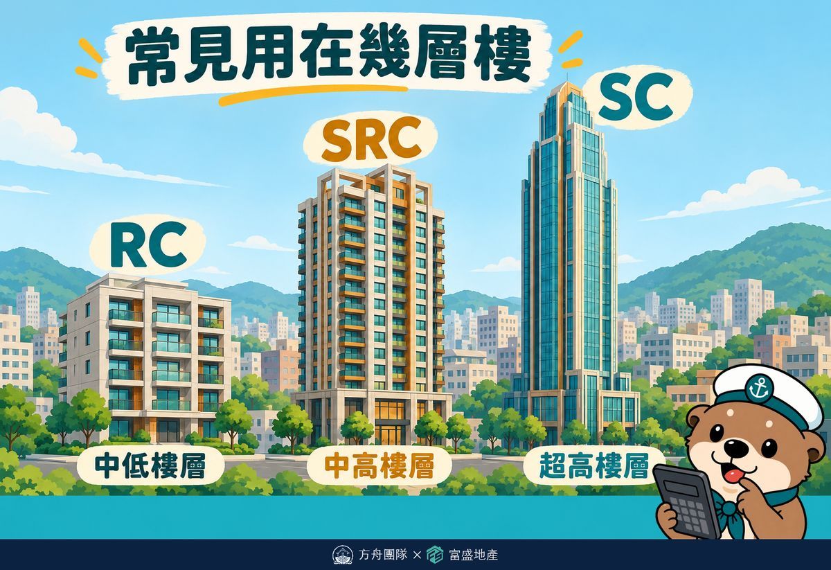 三種結構常見樓高對照：RC 多用於中低樓層，SRC 多用於中高樓層，SC 多用於超高樓層
