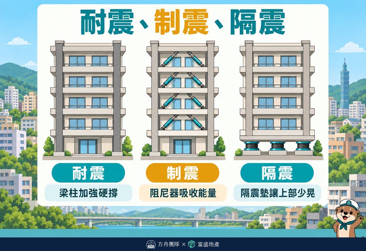 耐震、制震、隔震三種原理示意：耐震靠梁柱加強硬撐，制震在樓層間裝阻尼器吸收能量，隔震在建築底部裝隔震墊讓上部少晃