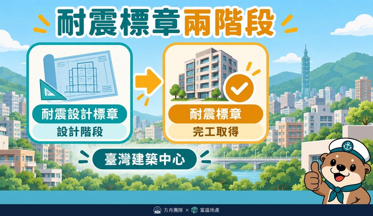 耐震標章兩階段：設計階段取得耐震設計標章，完工取得耐震標章，由臺灣建築中心察證