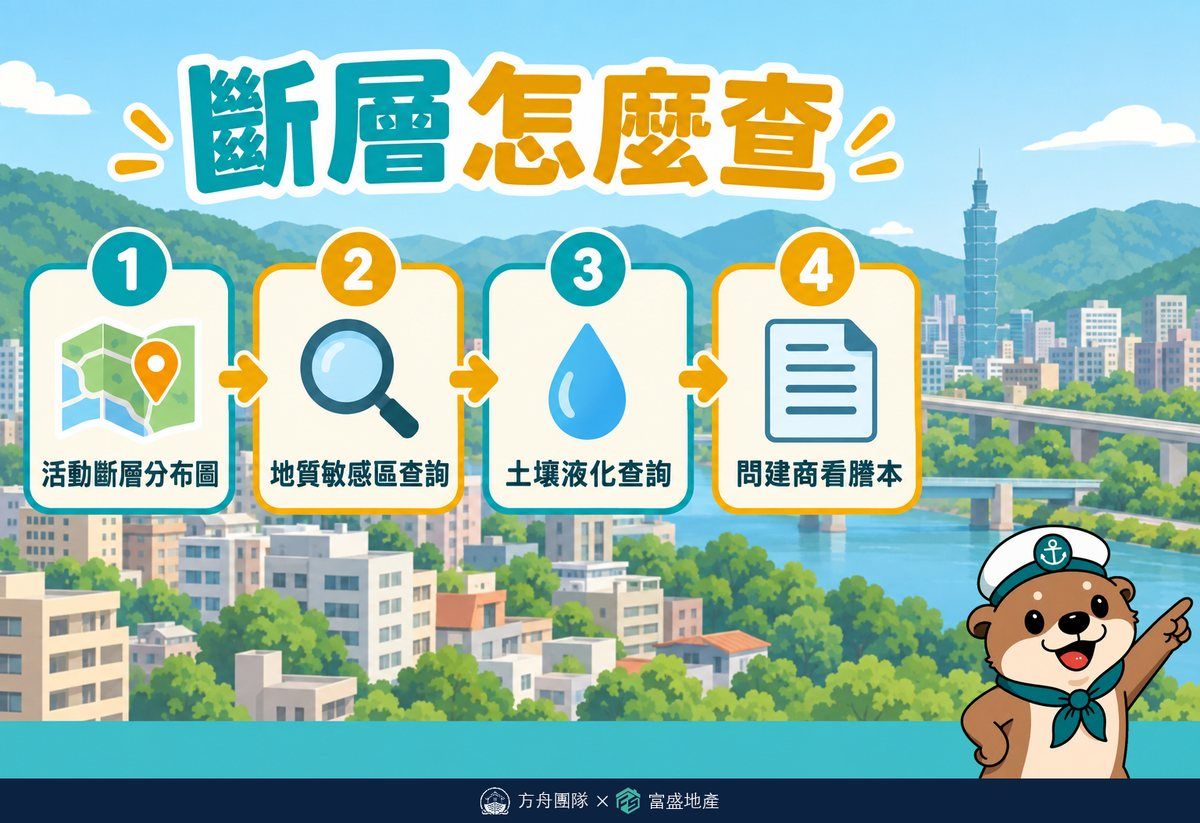 斷層怎麼查四步驟：活動斷層分布圖、地質敏感區查詢、土壤液化查詢、問建商並看謄本