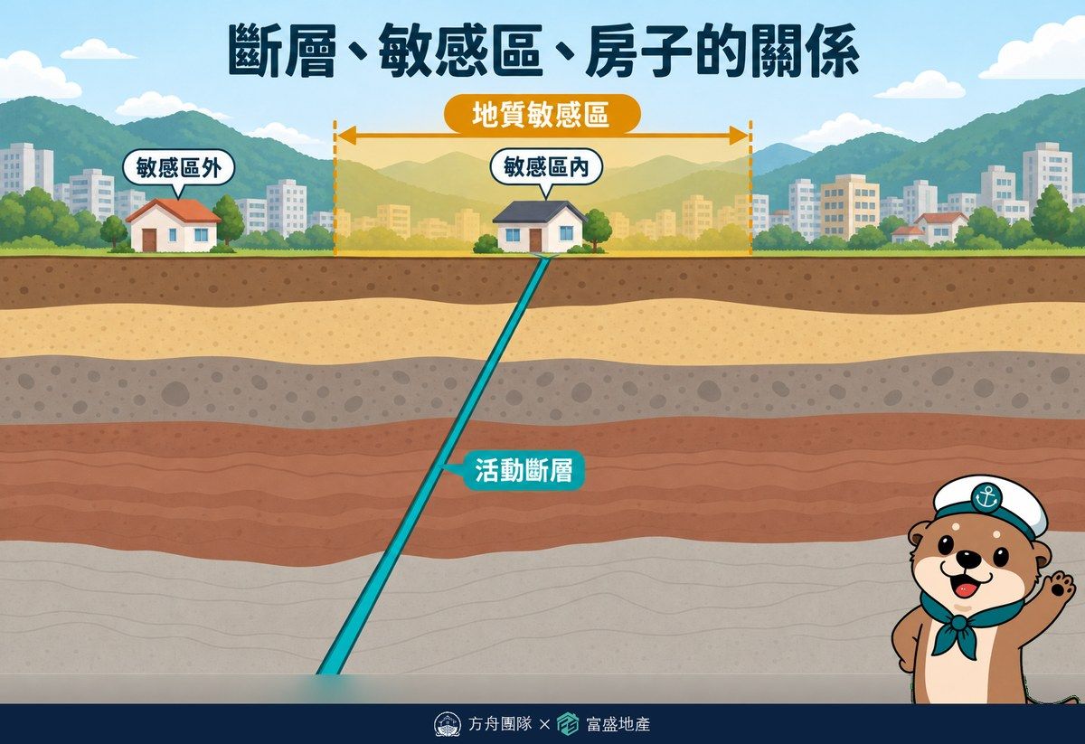 活動斷層、地質敏感區與房子的相對位置示意：斷層是一條線，敏感區是沿斷層兩側劃出的帶，房子可能在敏感區內或區外
