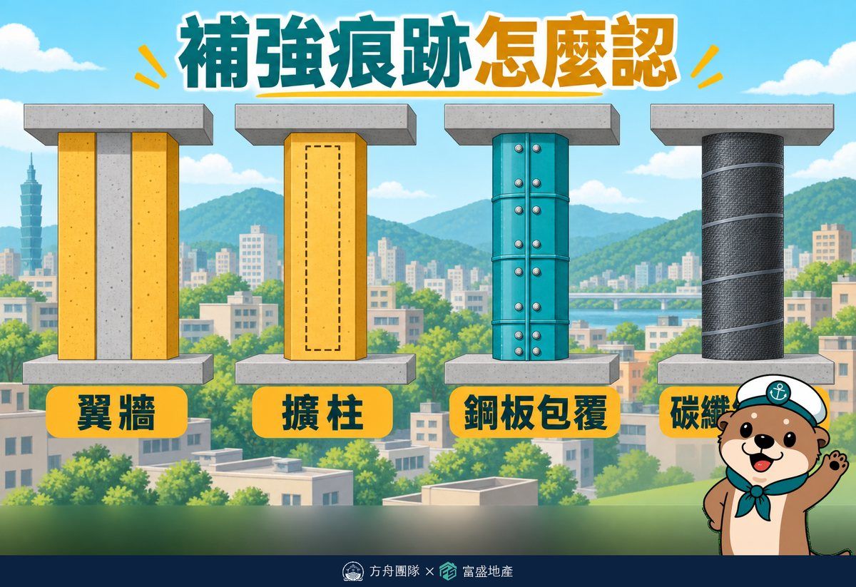 補強痕跡示意圖：外加柱與翼牆、擴柱、鋼板包覆、碳纖維包覆四種常見補強方式