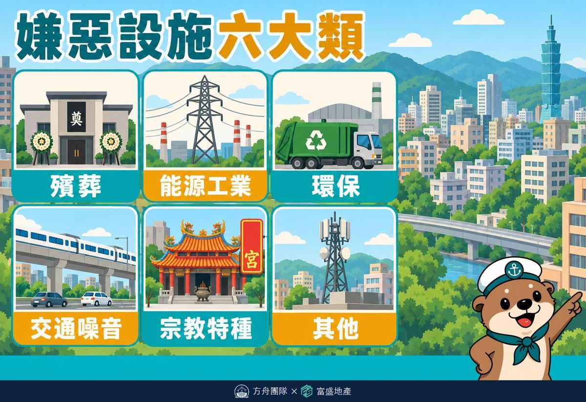 嫌惡設施六大類：殯葬、能源工業、環保、交通噪音、宗教特種、其他
