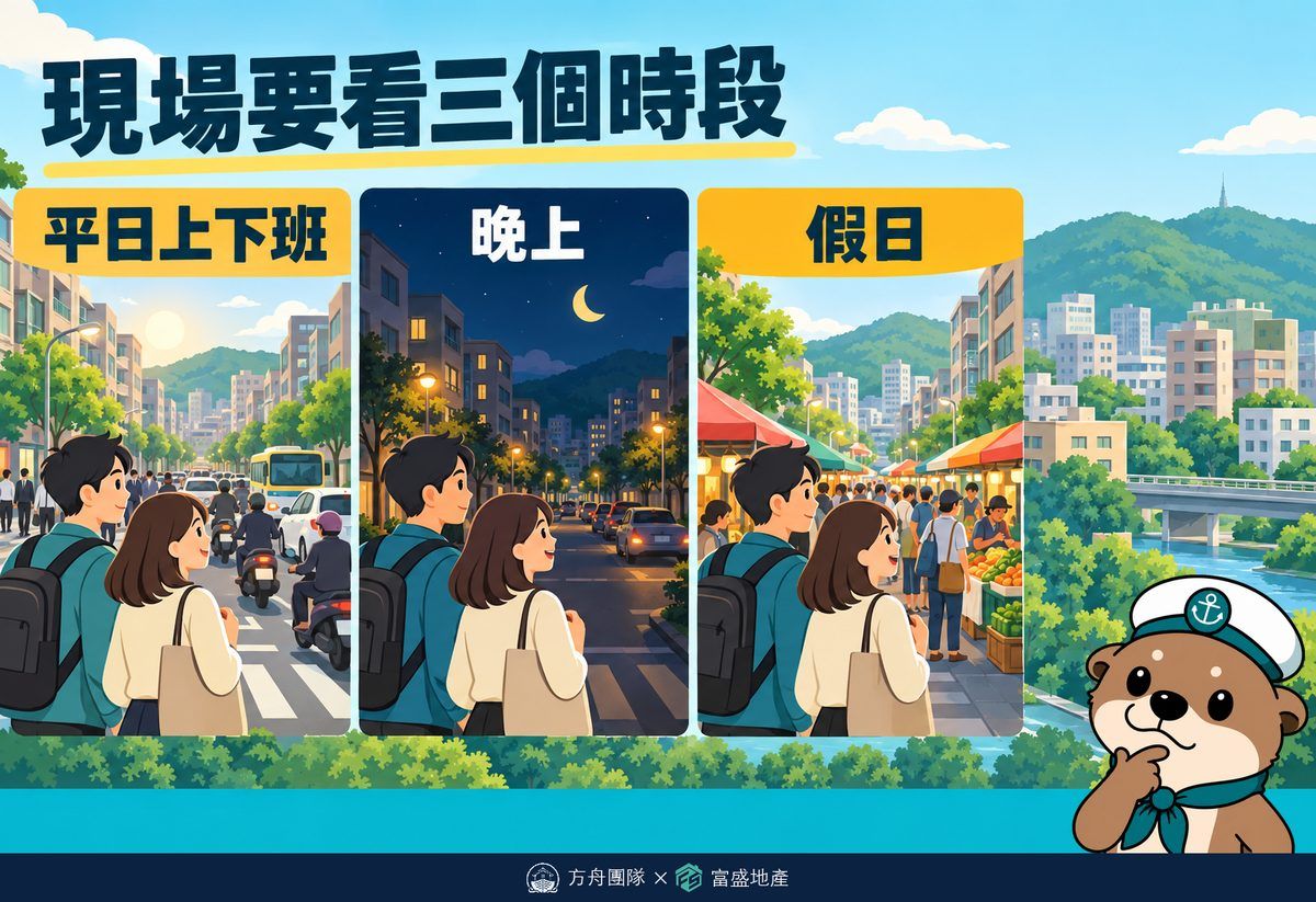 看屋前現場要看三個時段：平日上下班、晚上、假日