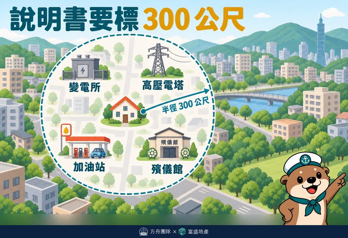 不動產說明書要標示基地半徑 300 公尺內的重要環境設施,例如變電所、高壓電塔、加油站、殯儀館