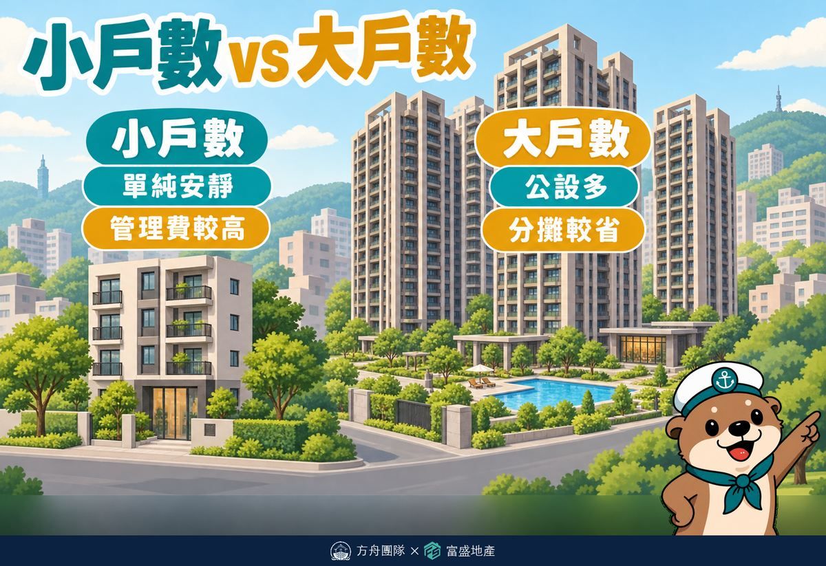 小戶數社區單純安靜但管理費較高；大戶數社區公設多、分攤較省