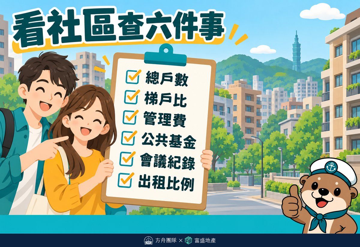 看社區要查六件事：總戶數、梯戶比、管理費、公共基金、會議紀錄、出租比例