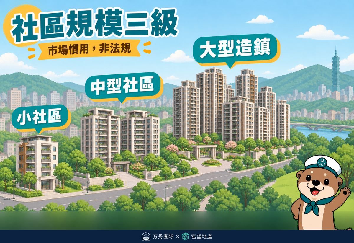 社區規模三級：小社區、中型社區、大型造鎮，市場慣用非法規