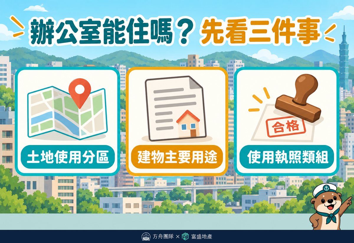 辦公室能住嗎？先看三件事：土地使用分區、建物主要用途、使用執照類組