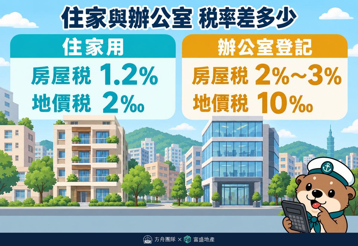 住家與辦公室稅率差多少:住家用房屋稅 1.2%、地價稅 2‰;辦公室登記房屋稅 2% 到 3%、地價稅 10‰