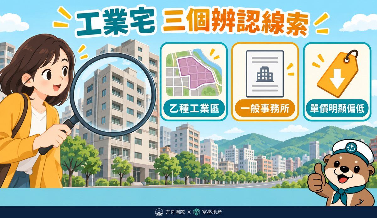 工業宅三個辨認線索：使用分區是乙種工業區、謄本主要用途是一般事務所、單價明顯偏低