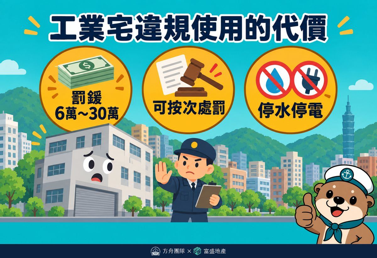 工業宅違規使用的代價：罰鍰 6 萬到 30 萬、可按次處罰、停水停電