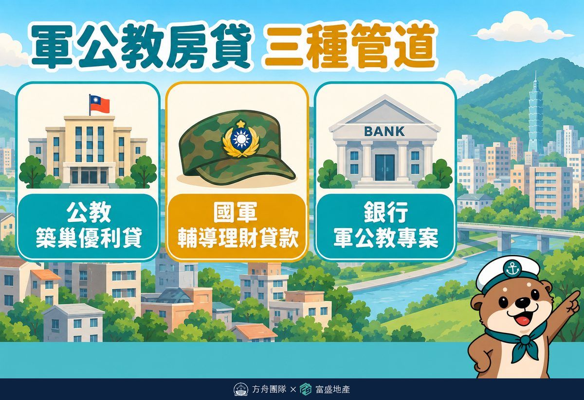 軍公教房貸三種管道：公教員工的築巢優利貸、國軍的輔導理財貸款、各銀行的軍公教專案