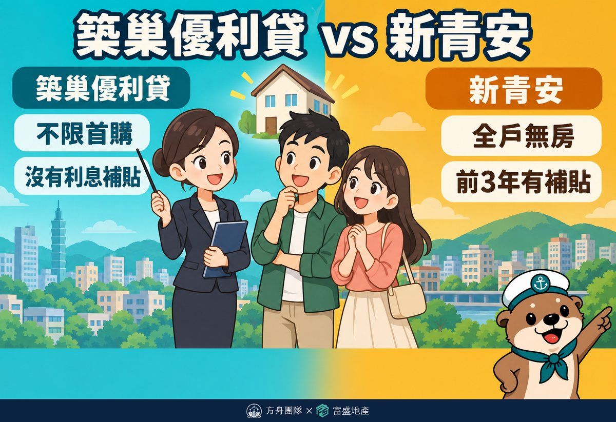 築巢優利貸與新青安對照：築巢不限首購但沒有利息補貼，新青安要全戶無房但前三年有補貼