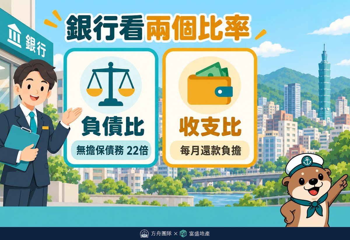 銀行看兩個比率：負債比是無擔保債務不超過月收入 22 倍，收支比是每月還款負擔占月收入的比例