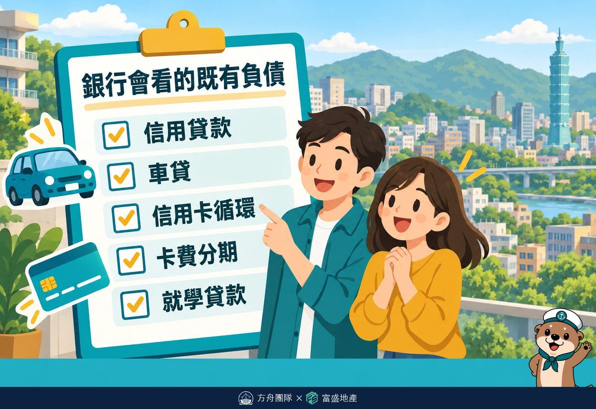 銀行會看的既有負債清單：信用貸款、車貸、信用卡循環、卡費分期、就學貸款